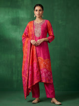 Rani pink silk elegant yoke kurti set with dupatta