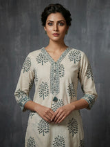 Cream and sage green cotton subtle kurti set with dupatta set