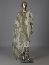 Cream and green cotton fresh floral kurti set with dupatta set