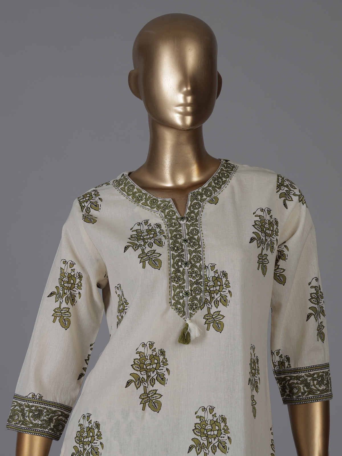 Cream and green cotton fresh floral kurti set with dupatta set