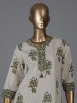 Cream and green cotton fresh floral kurti set with dupatta set