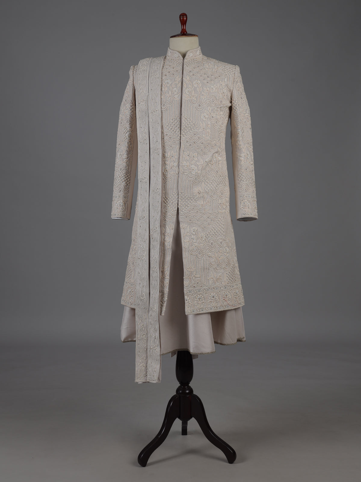 Beige raw silk peshwai style sherwani with dupatta set