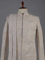 Beige raw silk peshwai style sherwani with dupatta set