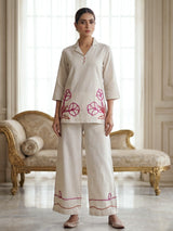 Beige cotton floral thread co ord set with palazzo style