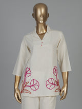 Beige cotton floral thread co ord set with palazzo style