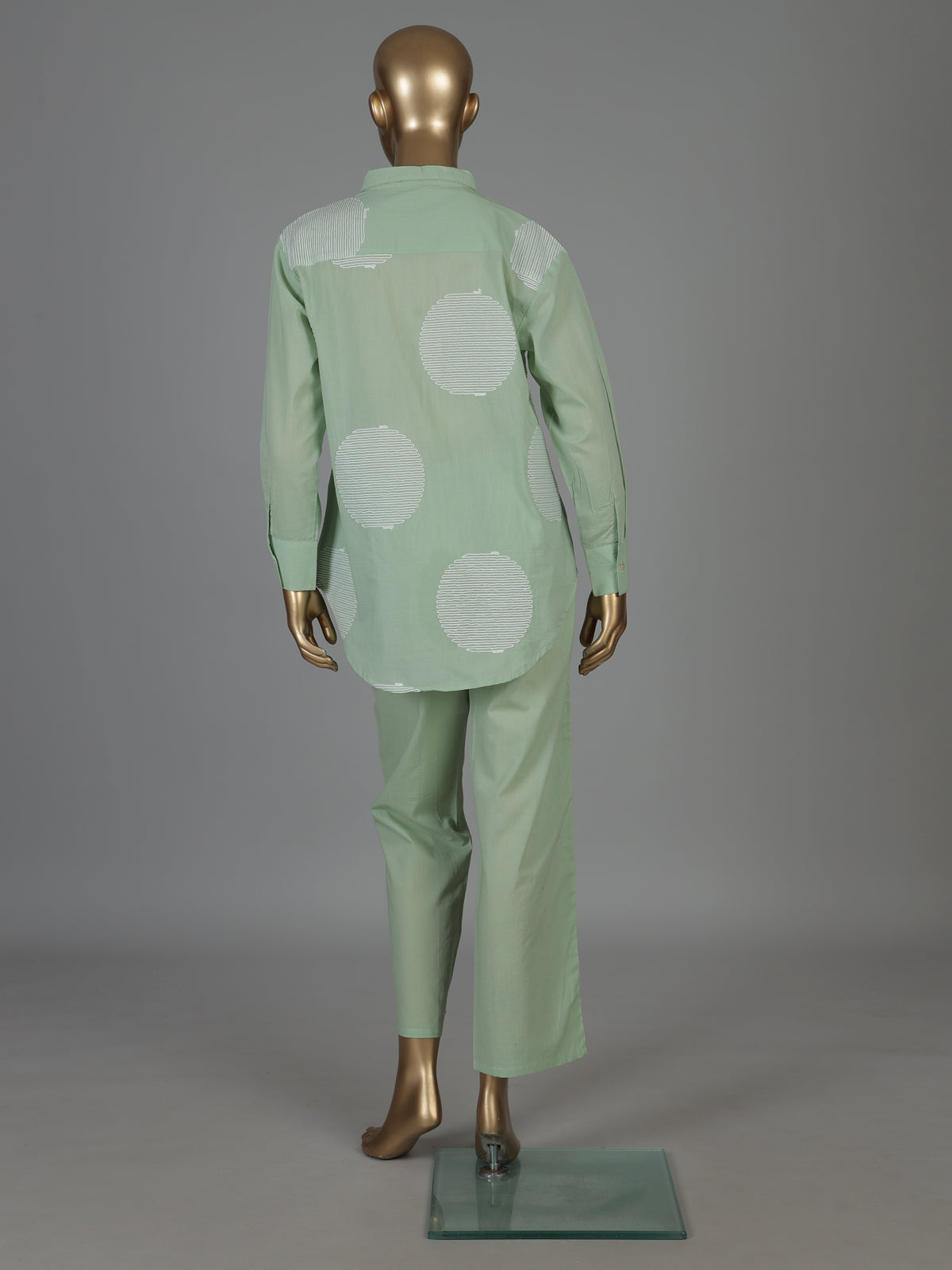 Pista green cotton co ord set with white thread detail