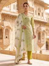 Mehendi green floral cotton kurti set with dupatta