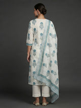 White and blue floral cotton kurti set with dupatta charm