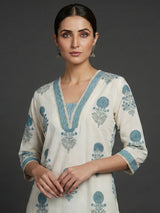 White and blue floral cotton kurti set with dupatta charm