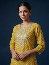 Mustard yellow cotton silk kurti set with yoke elegance
