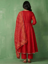 Red cotton silk kurti set with dupatta