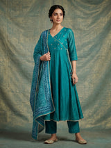 Rama green resham sequins kurti set with printed dupatta