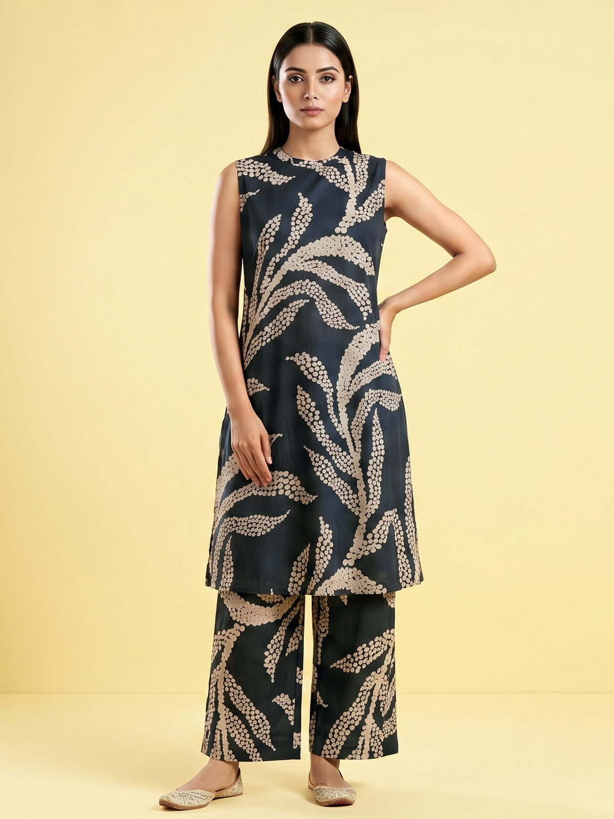 Charcoal blue printed silk kurti palazzo set for chic look