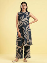 Charcoal blue printed silk kurti palazzo set for chic look