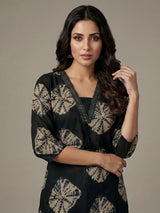 Black printed cotton silk kurti set with dupatta charm