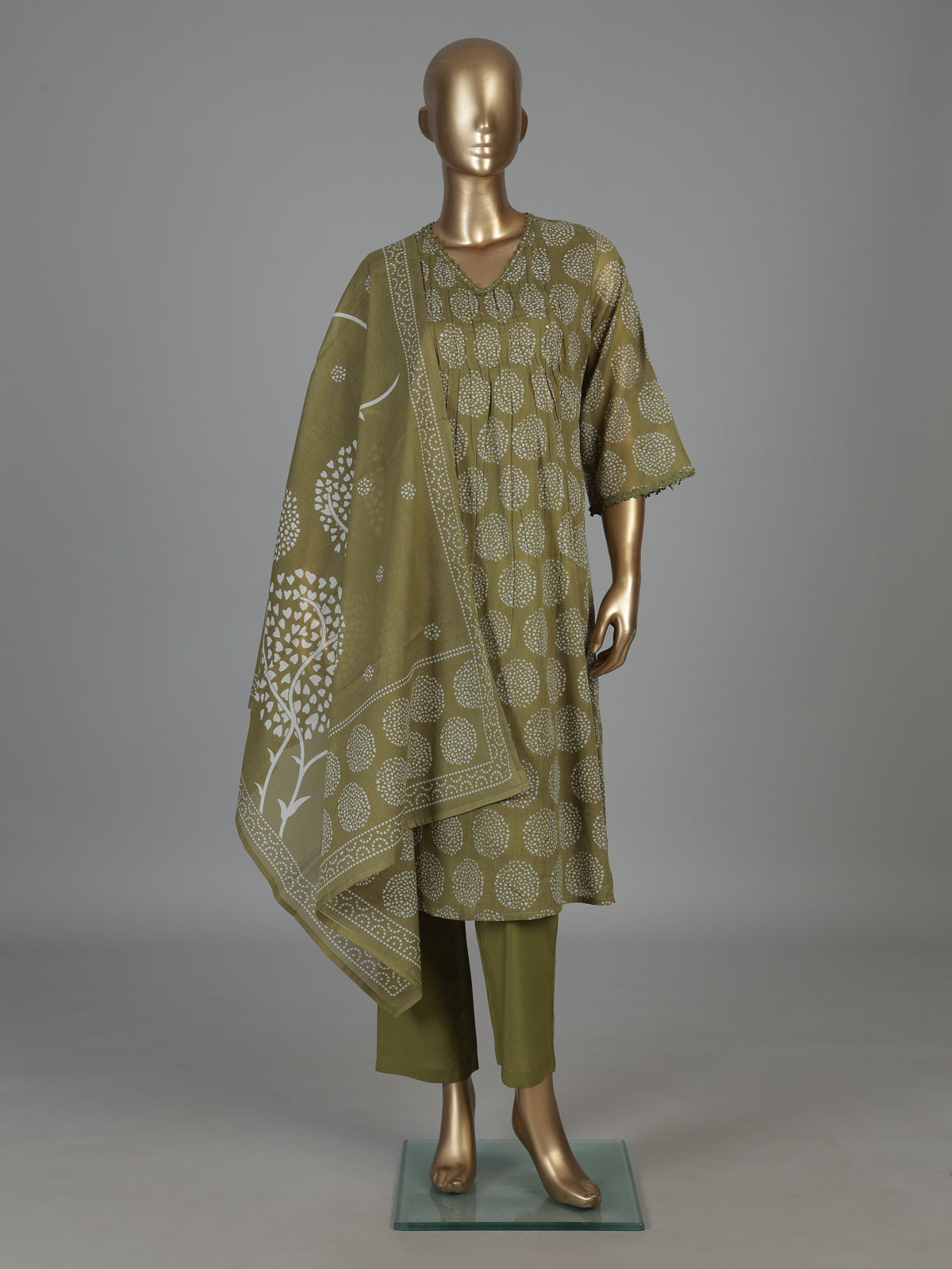 Mehendi olive cotton printed kurti set with classic style
