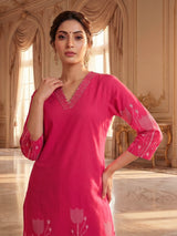 Rani pink cotton kurti set with printed straight cut style