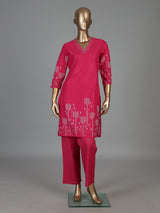 Rani pink cotton kurti set with printed straight cut style