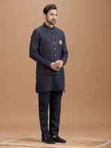 Navy blue linen waistcoat set with zari elephant embroidery