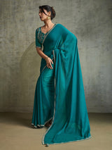 Stylish rama blue chiffon reception wear saree