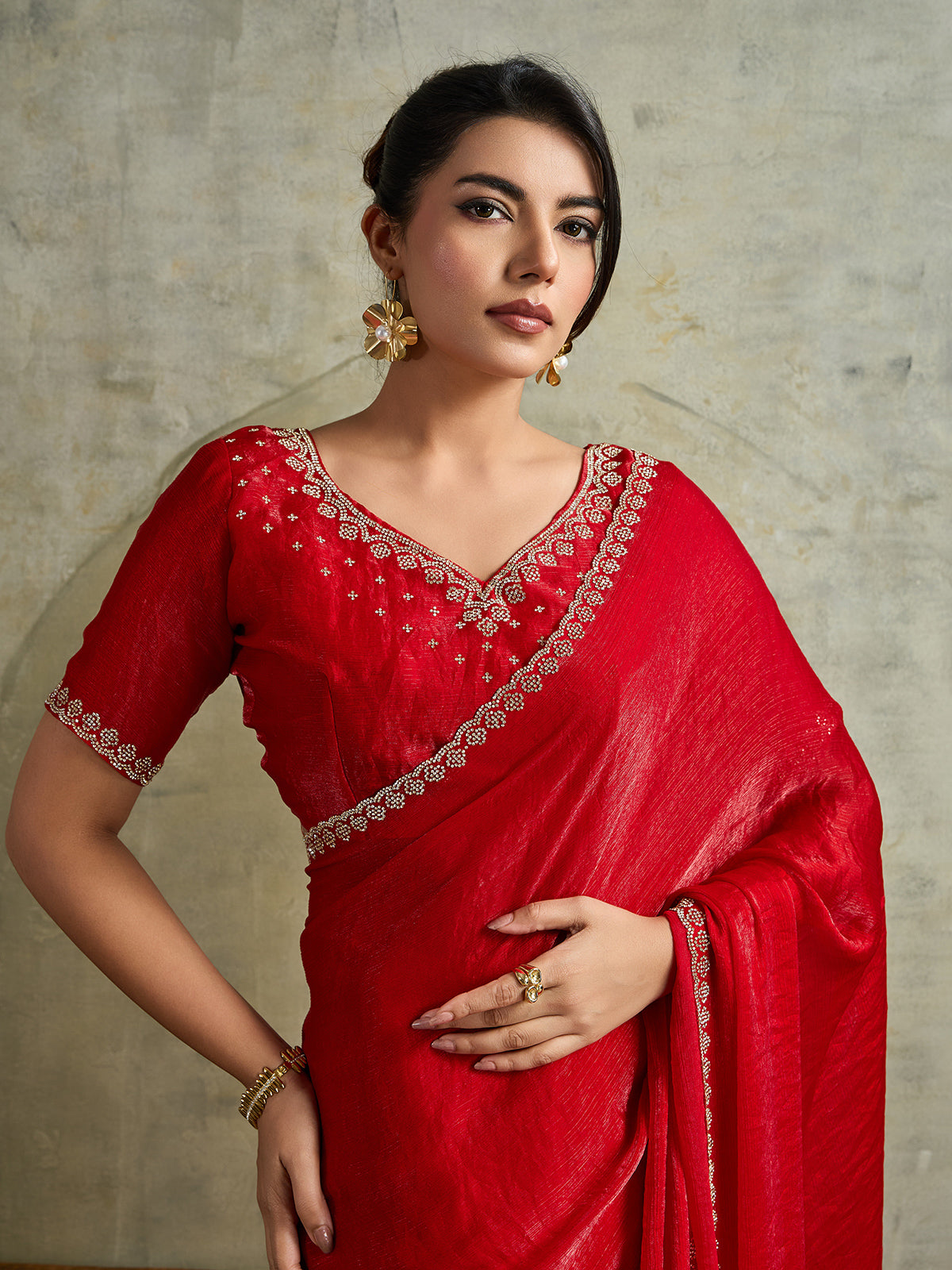 Classic red chiffon designer festive saree