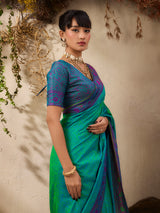 Stylish rama blue silk festive ethnic saree