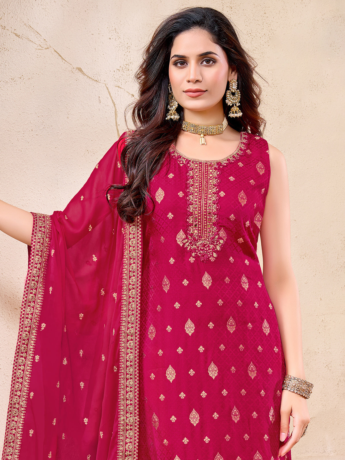 Magenta silk straight cut pant suit with dupatta