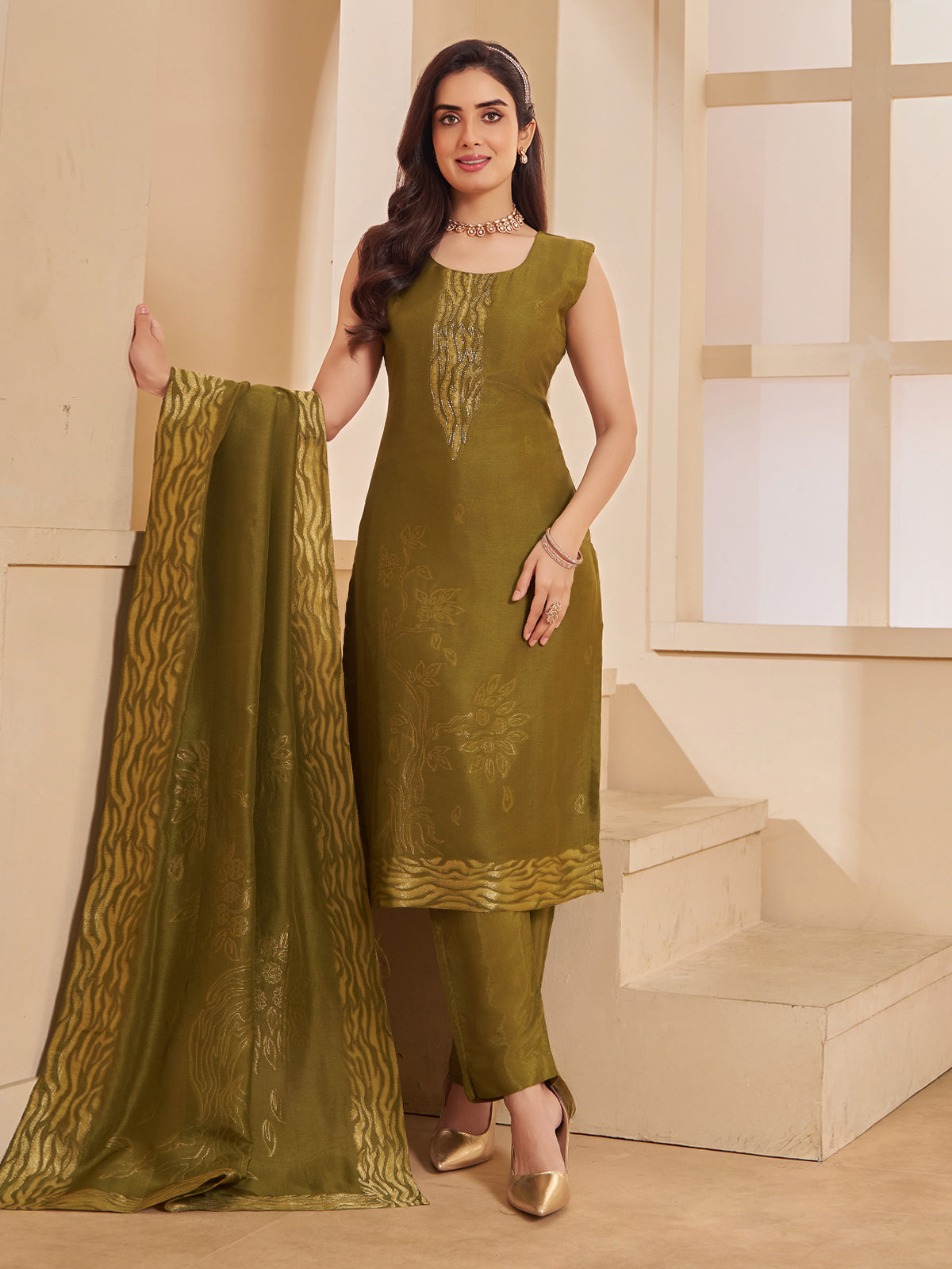 Mehendi green silk straight cut salwar suit
