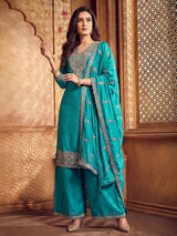 Aqua blue silk pakistani palazzo suit with dupatta