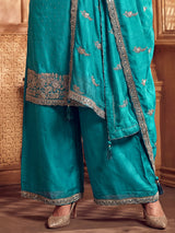 Aqua blue silk pakistani palazzo suit with dupatta