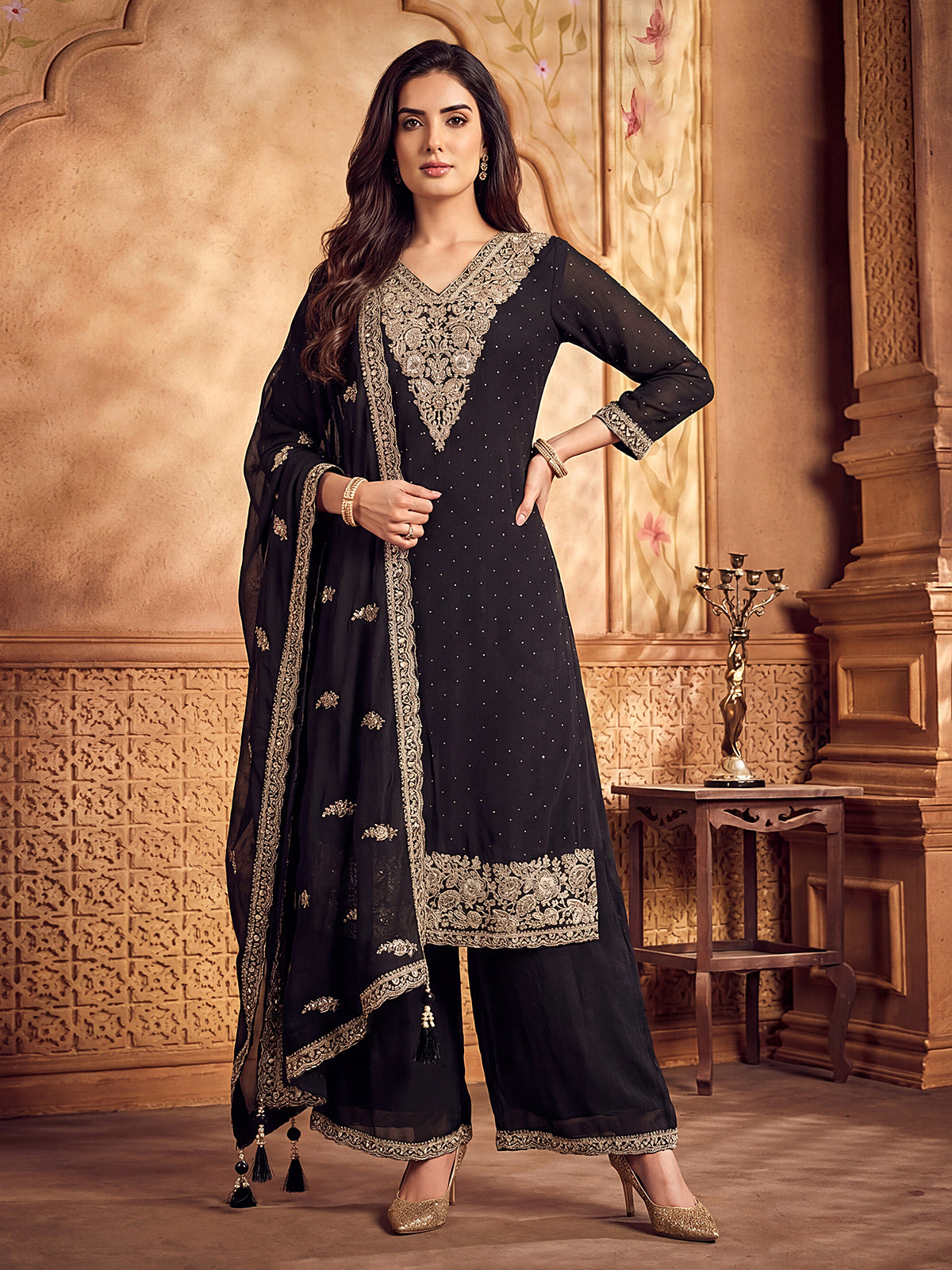 Black silk pakistani palazzo suit with dupatta set