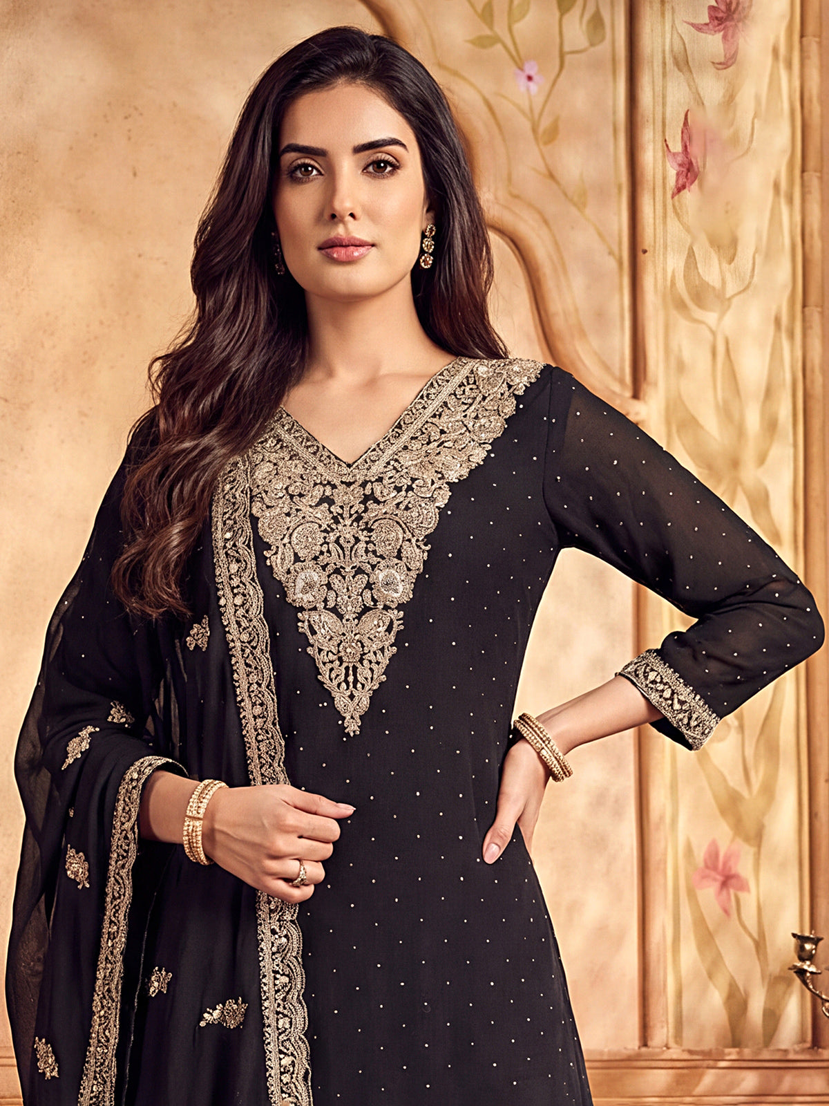 Black silk pakistani palazzo suit with dupatta set