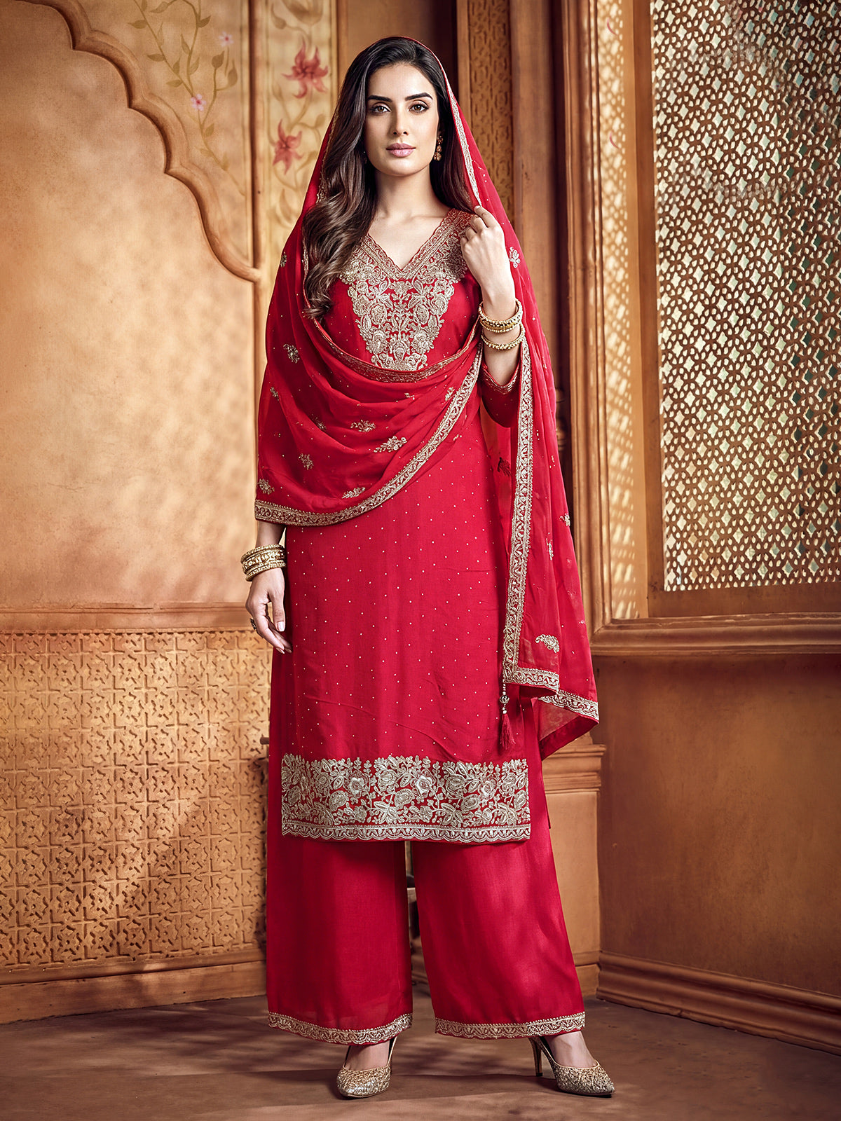 Red silk pakistani palazzo suit with dupatta set