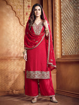 Red silk pakistani palazzo suit with dupatta set