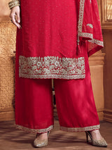 Red silk pakistani palazzo suit with dupatta set