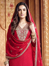 Red silk pakistani palazzo suit with dupatta set