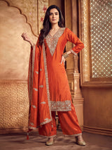 Rust orange silk pakistani palazzo suit with dupatta