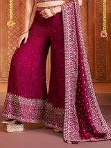 Wine silk sleeveless palazzo suit with dupatta set