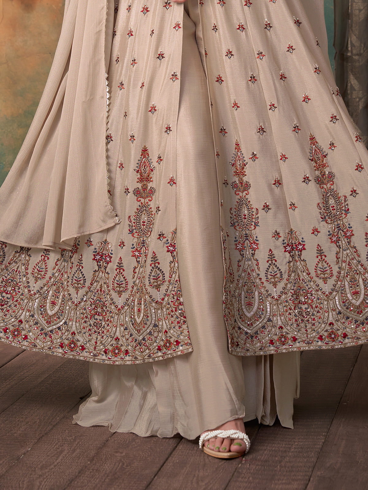 Pastel beige chiffon georgette anarkali palazzo suit