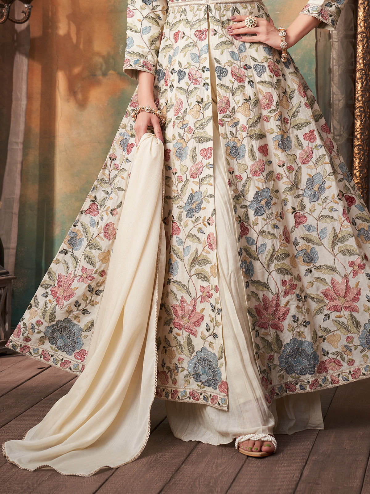 Cream silk anarkali palazzo suit with dupatta