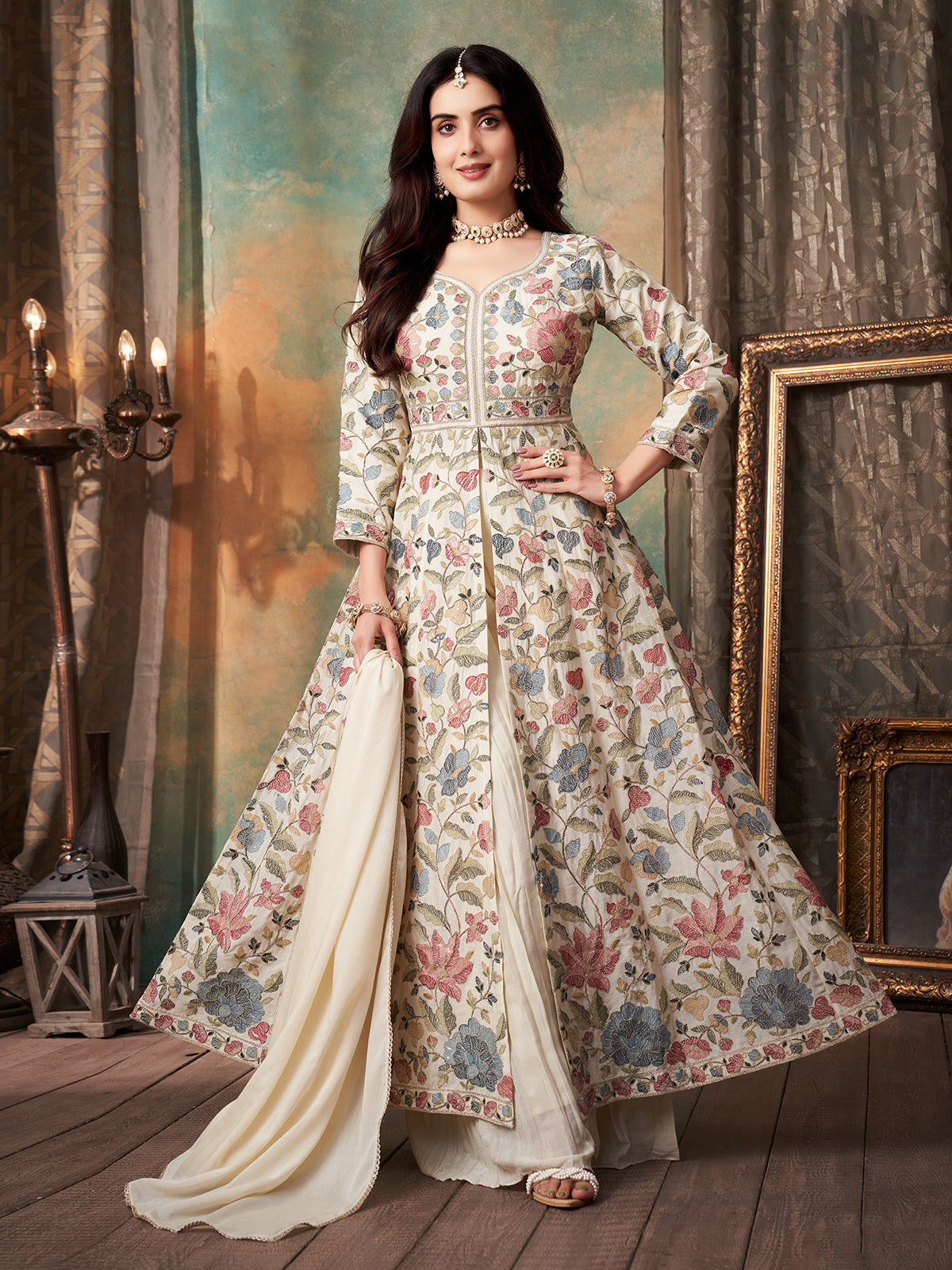 Cream silk anarkali palazzo suit with dupatta