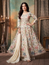 Cream silk anarkali palazzo suit with dupatta