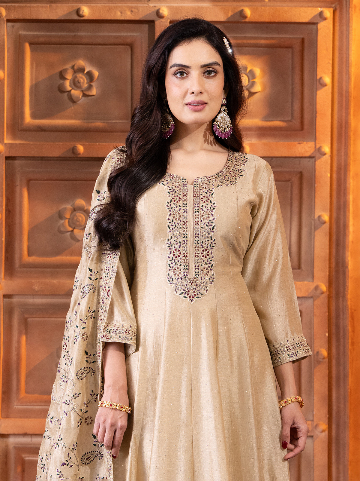 Beige silk anarkali salwar suit with dupatta set