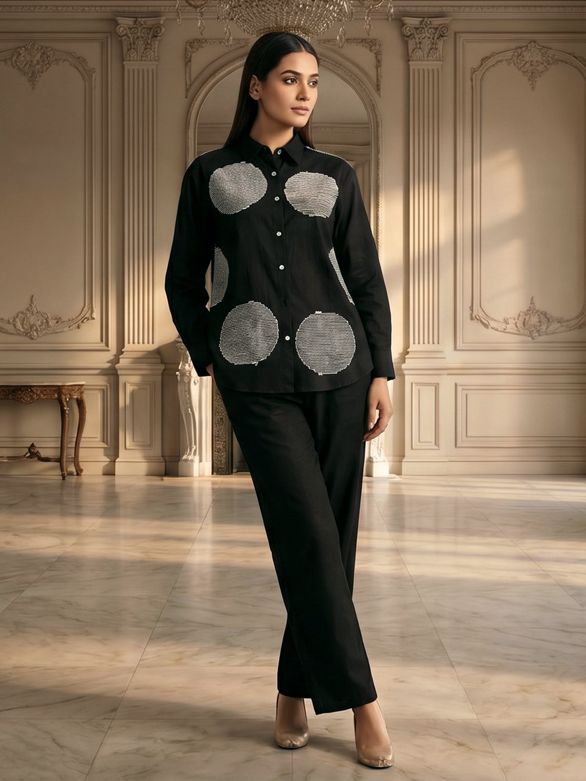 Black cotton casual wear co ord set with thread detailing
