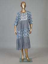 Blue printed cotton kurti designed with worked yoke pattern