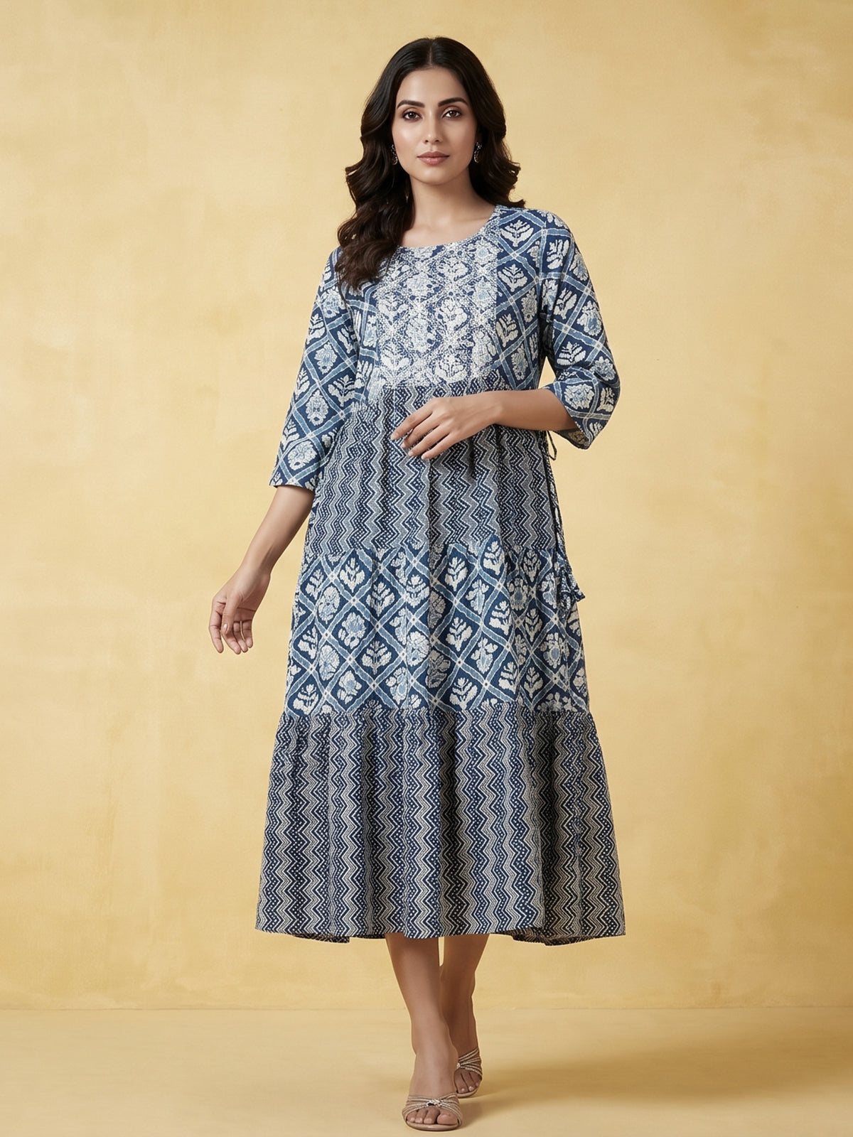 Blue printed cotton kurti designed with worked yoke pattern