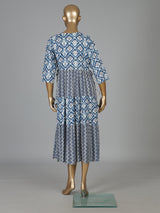 Blue printed cotton kurti designed with worked yoke pattern