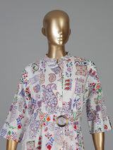 Off white cotton printed kurti featuring stand collar