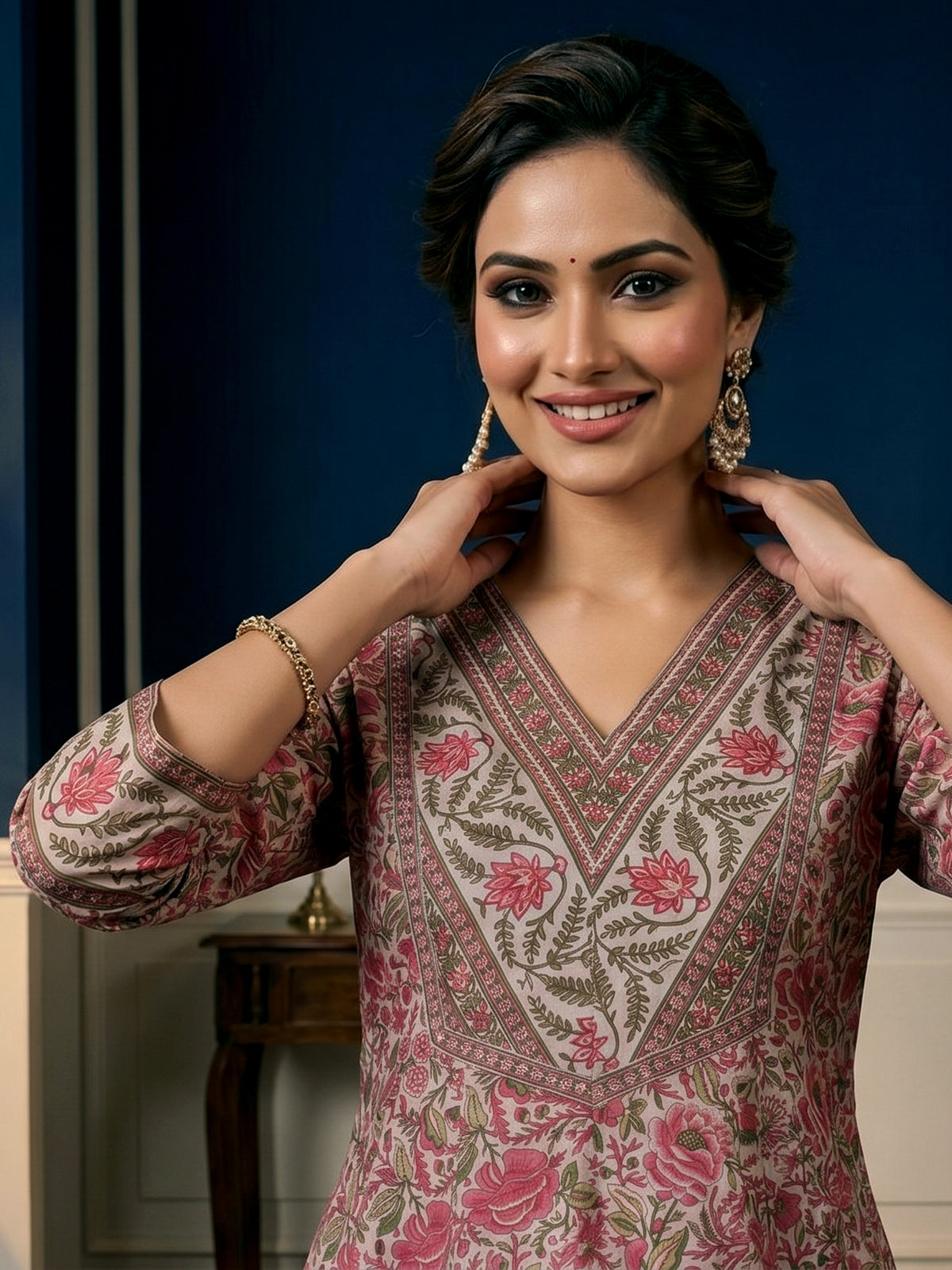 Off white printed cotton kurti set with printed dupatta