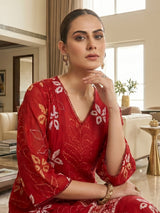 Red festive wear cotton printed kurti set